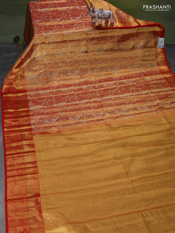 Pure kanchipuram tissue silk saree red shade with allover zari woven brocade weaves and zari woven border