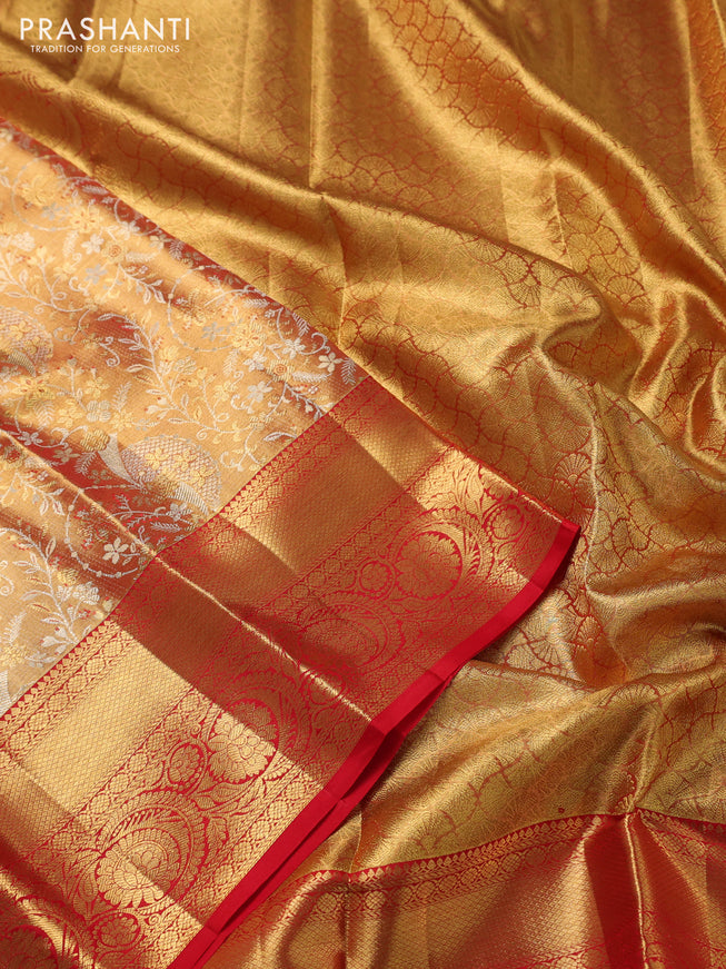 Pure kanchipuram tissue silk saree red shade with allover zari woven brocade weaves and zari woven border