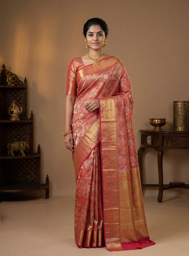 Pure kanchipuram tissue silk saree dual shade of peach pink with allover zari woven brocade weaves and zari woven border