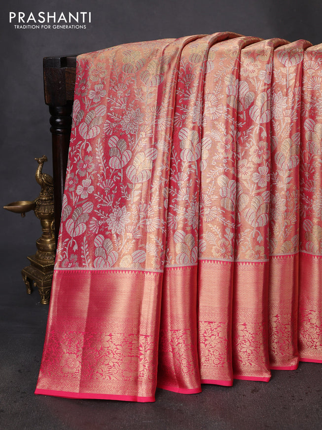 Pure kanchipuram tissue silk saree dual shade of peach pink with allover zari woven brocade weaves and zari woven border