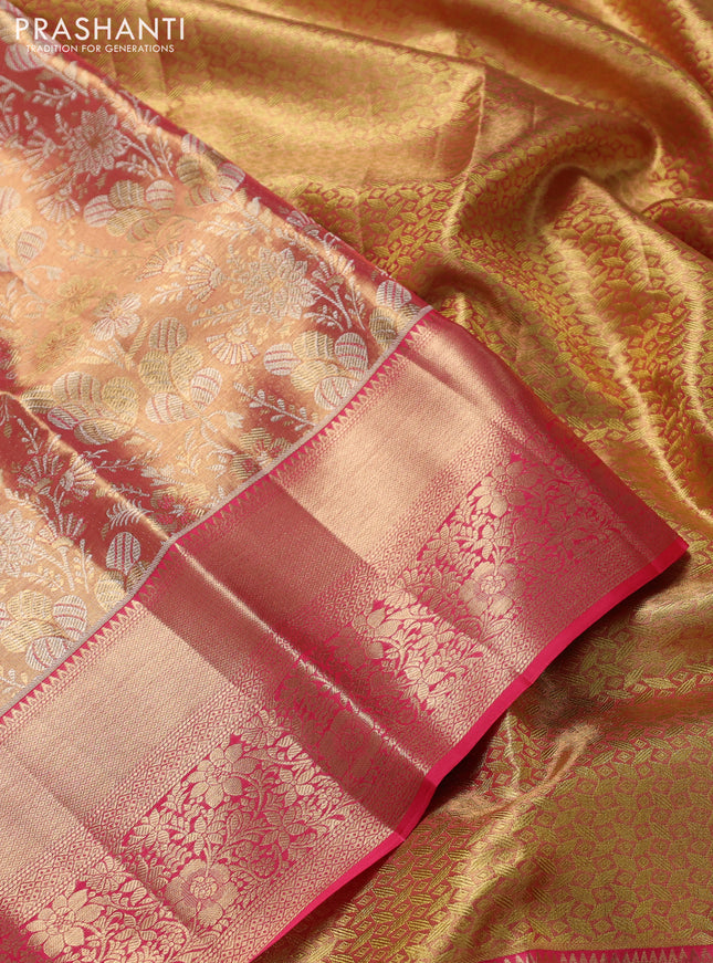 Pure kanchipuram tissue silk saree dual shade of peach pink with allover zari woven brocade weaves and zari woven border