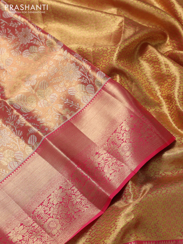 Pure kanchipuram tissue silk saree dual shade of peach pink with allover zari woven brocade weaves and zari woven border