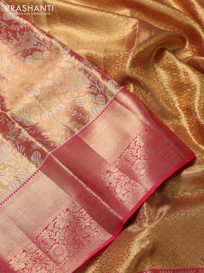 Pure kanchipuram tissue silk saree dual shade of peach pink with allover zari woven brocade weaves and zari woven border