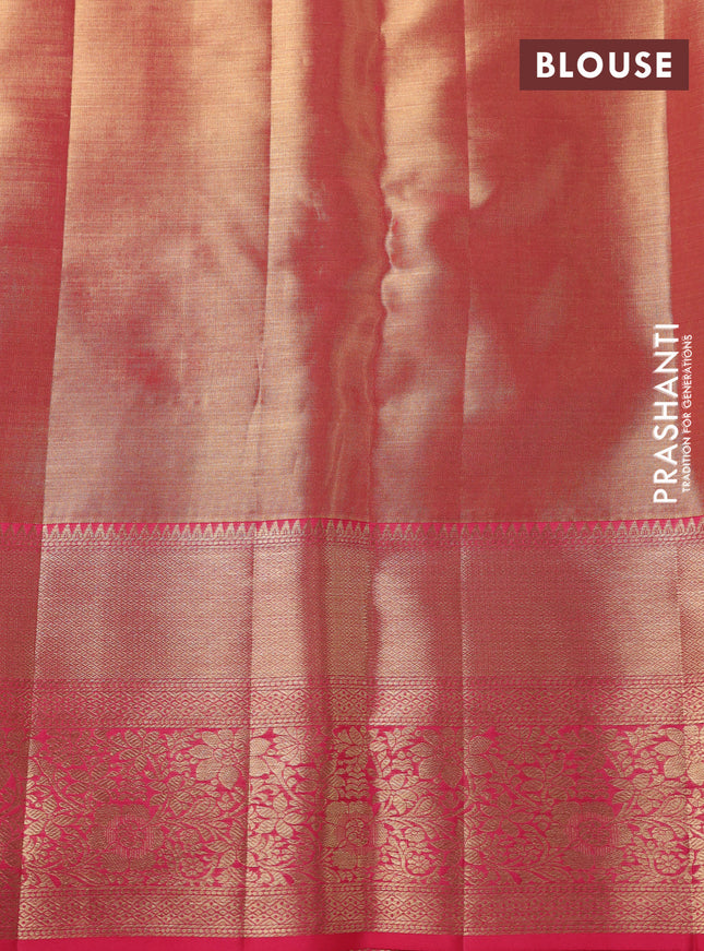Pure kanchipuram tissue silk saree dual shade of peach pink with allover zari woven brocade weaves and zari woven border