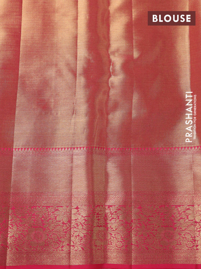 Pure kanchipuram tissue silk saree dual shade of peach pink with allover zari woven brocade weaves and zari woven border
