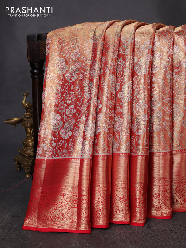 Pure kanchipuram tissue silk saree dual shade of gold and red with allover zari woven brocade weaves and zari woven border
