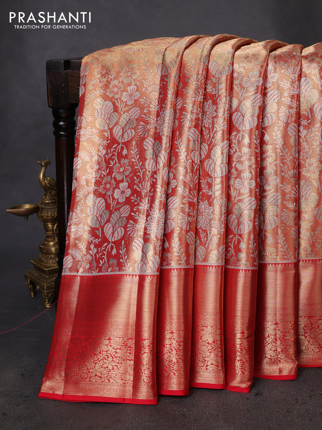 Pure kanchipuram tissue silk saree dual shade of gold and red with allover zari woven brocade weaves and zari woven border