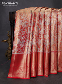 Pure kanchipuram tissue silk saree dual shade of gold and red with allover zari woven brocade weaves and zari woven border