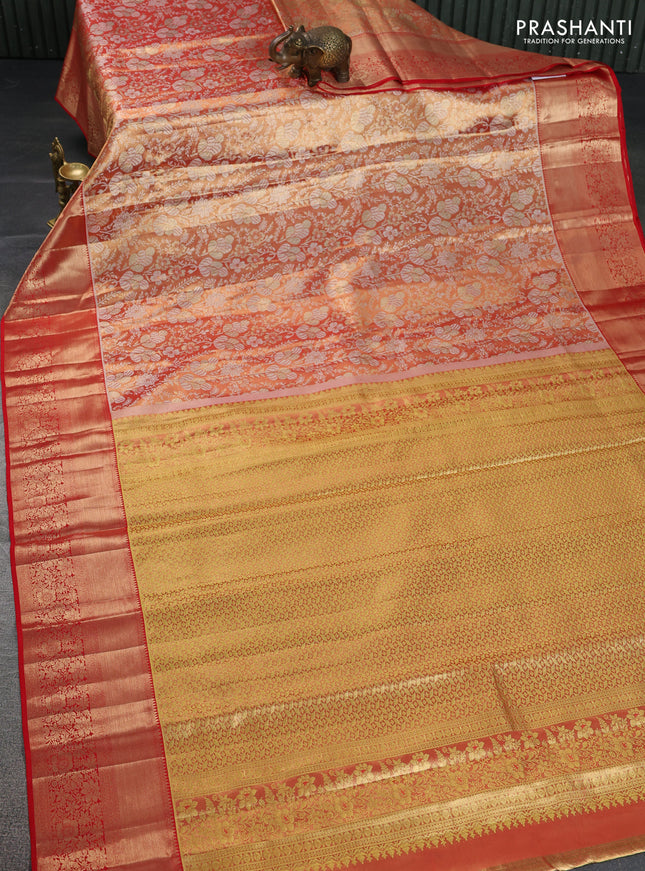 Pure kanchipuram tissue silk saree dual shade of gold and red with allover zari woven brocade weaves and zari woven border