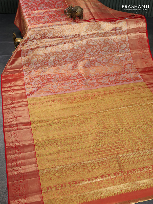 Pure kanchipuram tissue silk saree dual shade of gold and red with allover zari woven brocade weaves and zari woven border