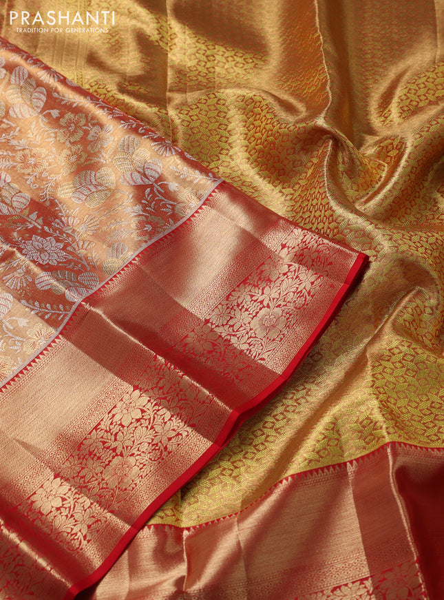 Pure kanchipuram tissue silk saree dual shade of gold and red with allover zari woven brocade weaves and zari woven border