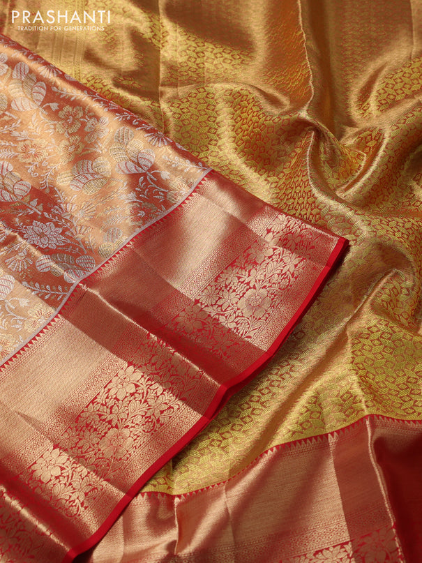 Pure kanchipuram tissue silk saree dual shade of gold and red with allover zari woven brocade weaves and zari woven border