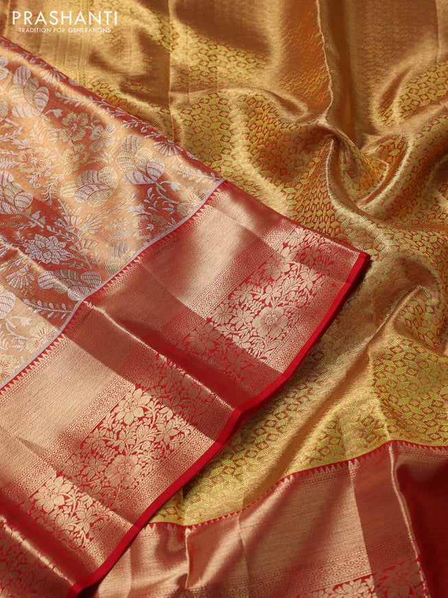 Pure kanchipuram tissue silk saree dual shade of gold and red with allover zari woven brocade weaves and zari woven border