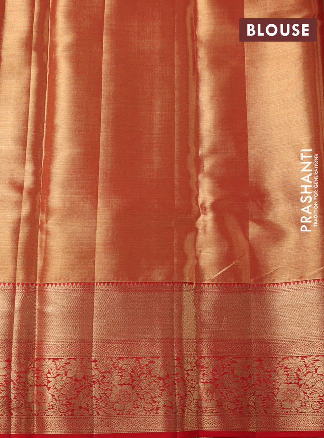Pure kanchipuram tissue silk saree dual shade of gold and red with allover zari woven brocade weaves and zari woven border