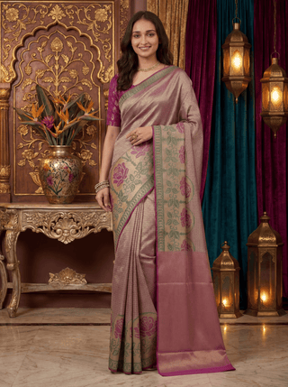 Pure kanchipuram tissue silk saree purple and green with allover zari woven brocade weaves and floral design zari woven border