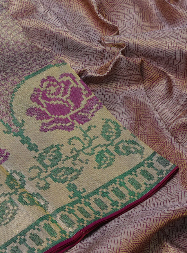 Pure kanchipuram tissue silk saree purple and green with allover zari woven brocade weaves and floral design zari woven border