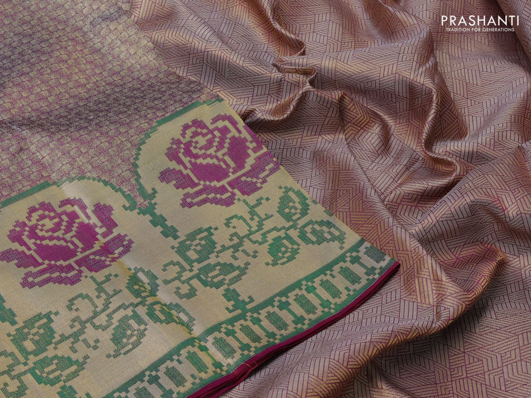 Pure kanchipuram tissue silk saree purple and green with allover zari woven brocade weaves and floral design zari woven border