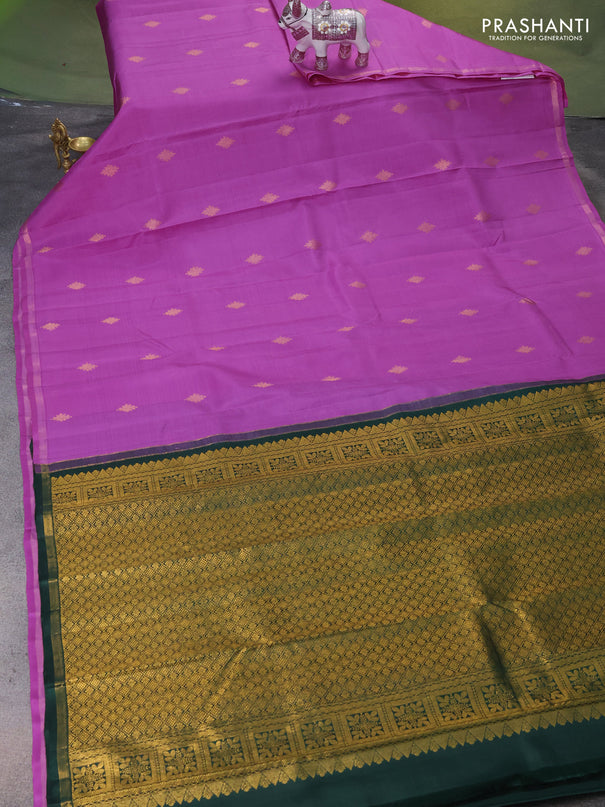 Pure kanchipuram silk saree lotus pink and bottle green with zari woven rangoli buttas and small zari woven border