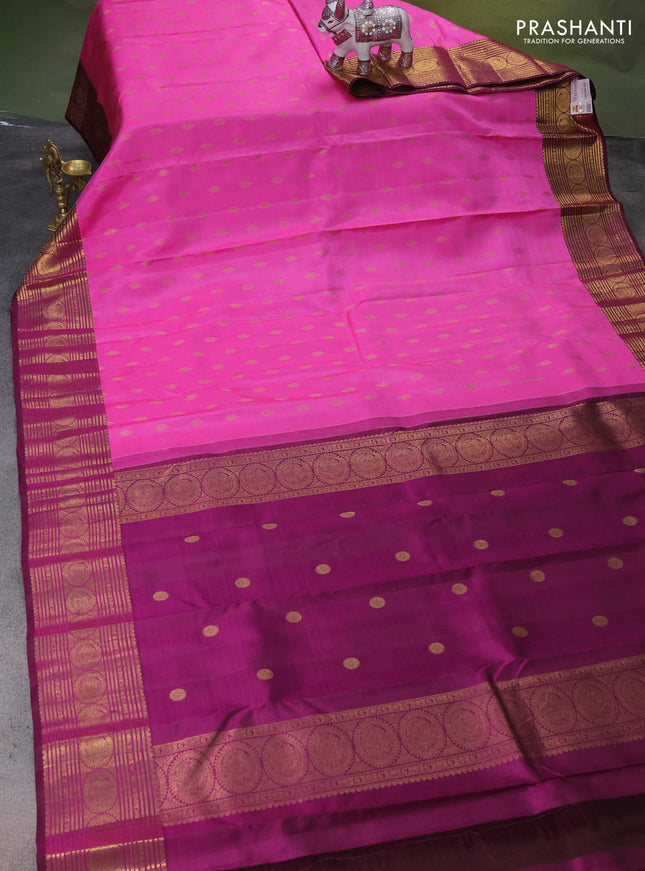 Pure kanchipuram silk saree pink and purple with zari woven buttas and rich zari woven border