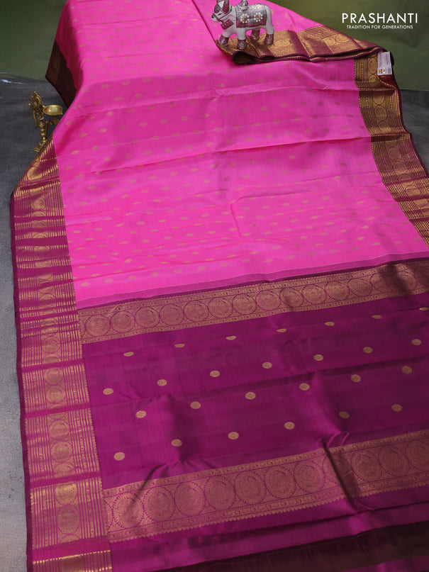 Pure kanchipuram silk saree pink and purple with zari woven buttas and rich zari woven border