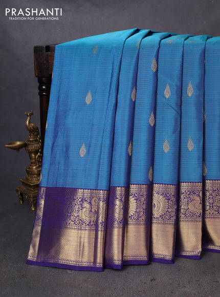 Pure kanchipuram silk saree blue and dark blue with allover zari strip & buttas and rich zari woven border
