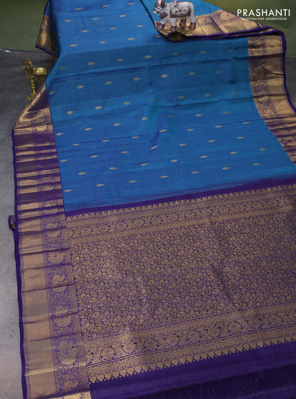 Pure kanchipuram silk saree blue and dark blue with allover zari strip & buttas and rich zari woven border