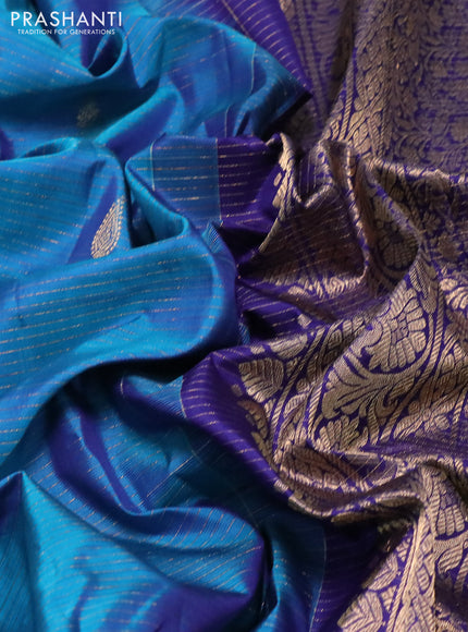 Pure kanchipuram silk saree blue and dark blue with allover zari strip & buttas and rich zari woven border