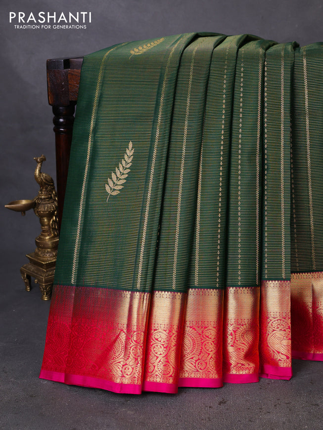 Pure kanchipuram silk saree green and pink with allover zari woven brocade weaves and rich zari woven border