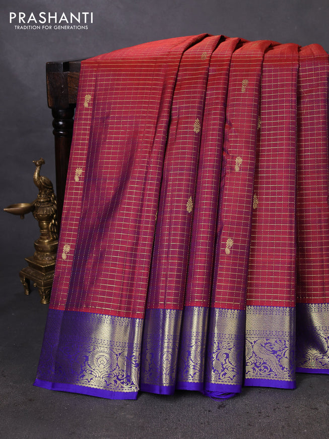 Pure kanchipuram silk saree maroon shade and blue with allover zari checks & buttas and zari woven border
