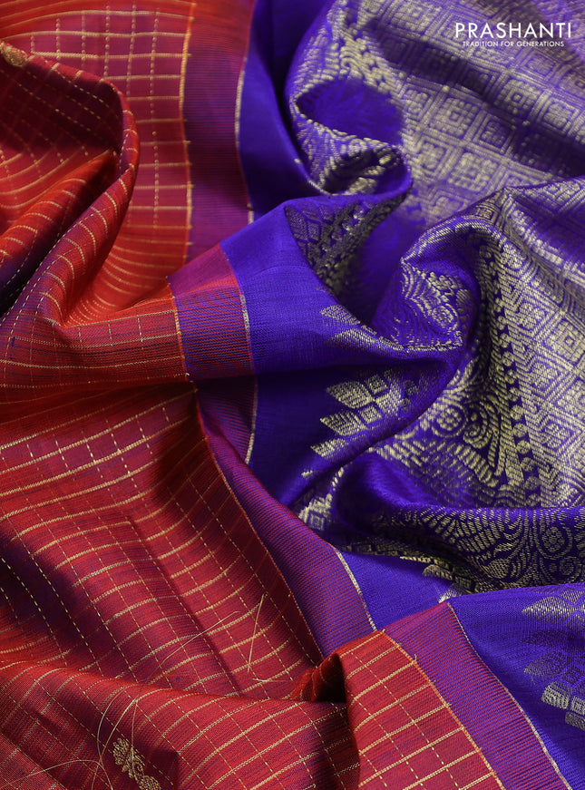 Pure kanchipuram silk saree maroon shade and blue with allover zari checks & buttas and zari woven border