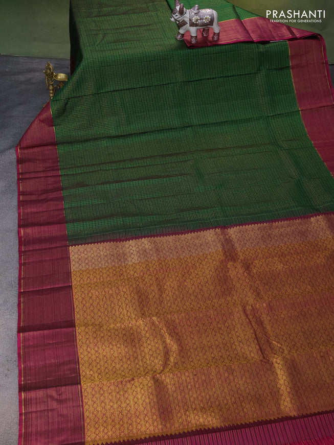 Pure kanchipuram silk saree green and magenta pink with allover zari woven checked pattern and rich zari woven border