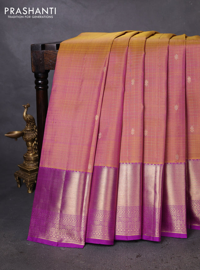 Pure kanchipuram silk saree dual shade of purplish green and purple with allover zari checks & buttas and zari woven border