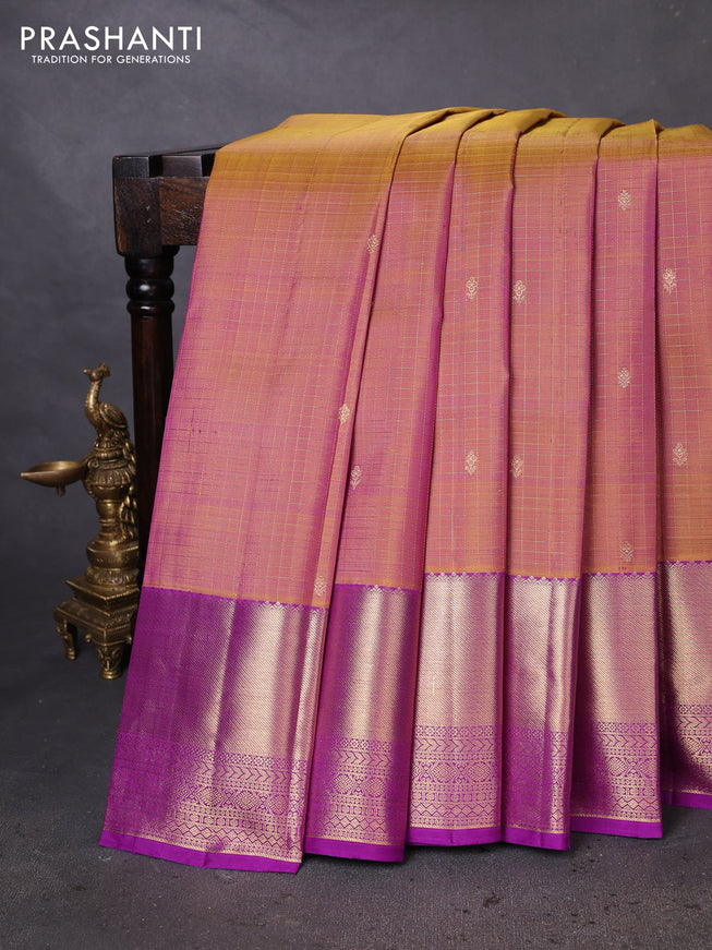Pure kanchipuram silk saree dual shade of purplish green and purple with allover zari checks & buttas and zari woven border