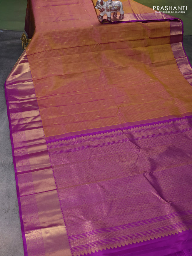 Pure kanchipuram silk saree dual shade of purplish green and purple with allover zari checks & buttas and zari woven border