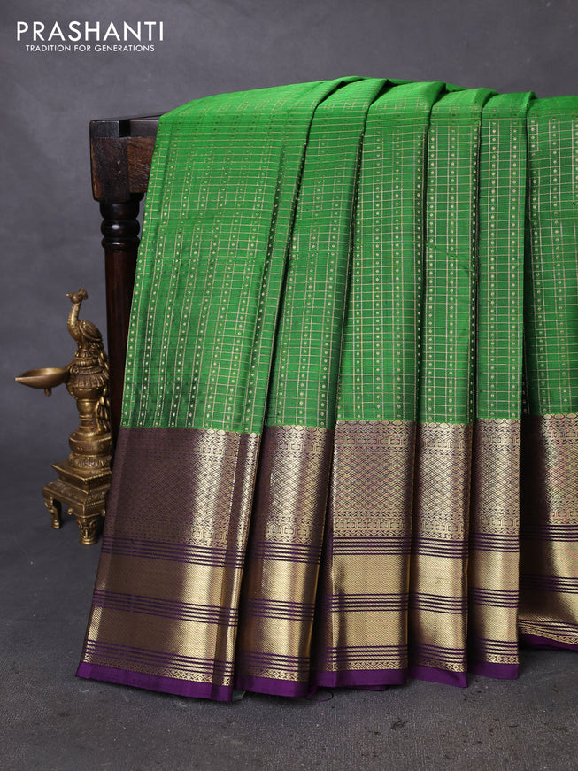 Pure kanchipuram silk saree green and violet with allover zari checks & buttas and long zari woven border