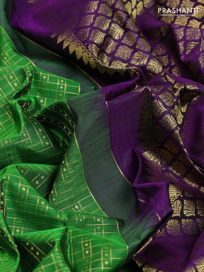 Pure kanchipuram silk saree green and violet with allover zari checks & buttas and long zari woven border
