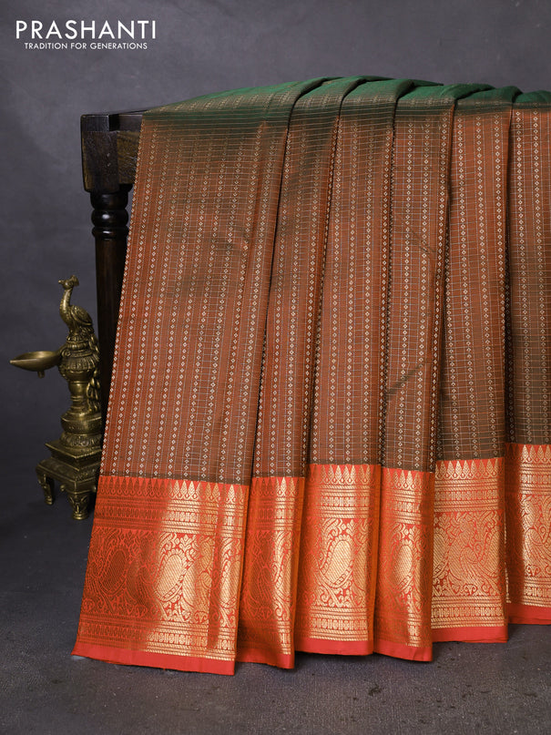 Pure kanchipuram silk saree manthulir green and red with allover zari checks & buttas and annam zari woven border