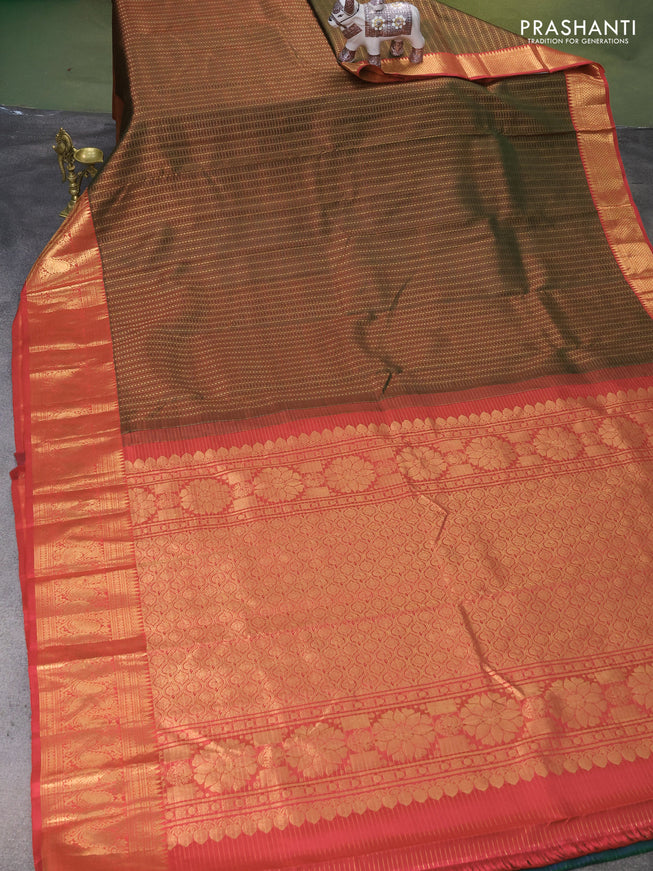 Pure kanchipuram silk saree manthulir green and red with allover zari checks & buttas and annam zari woven border