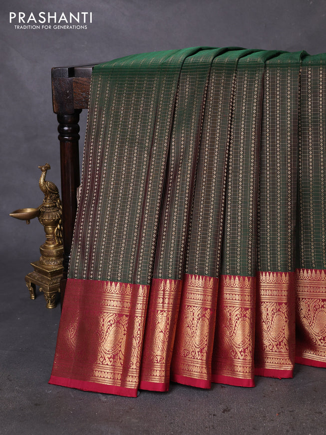 Pure kanchipuram silk saree green and maroon with allover zari checks & buttas and annam zari woven border