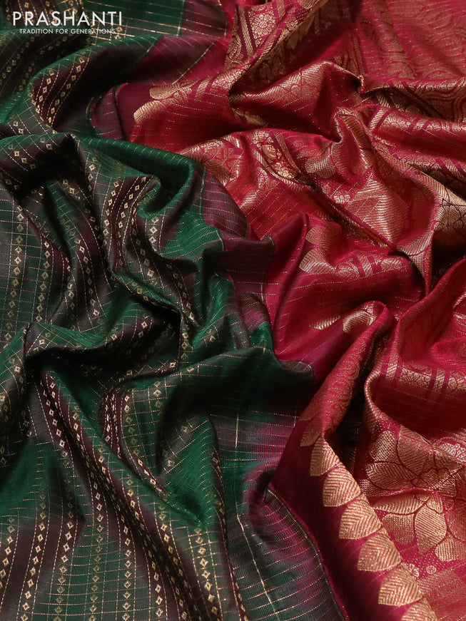 Pure kanchipuram silk saree green and maroon with allover zari checks & buttas and annam zari woven border