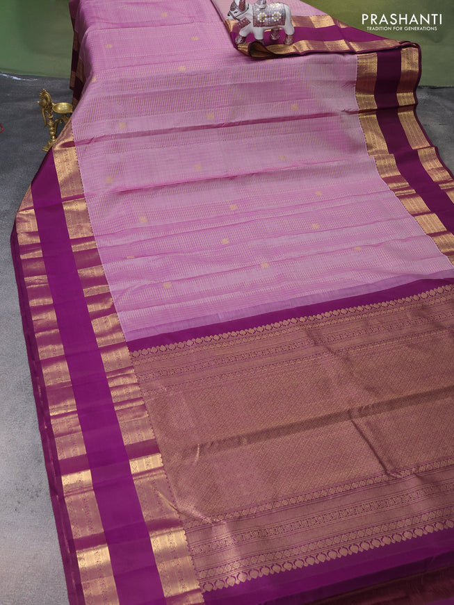 Pure kanchipuram silk saree lavender and purple with allover zari checks & buttas and long rettapet zari woven border