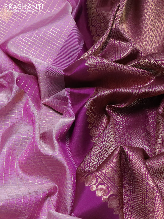 Pure kanchipuram silk saree lavender and purple with allover zari checks & buttas and long rettapet zari woven border