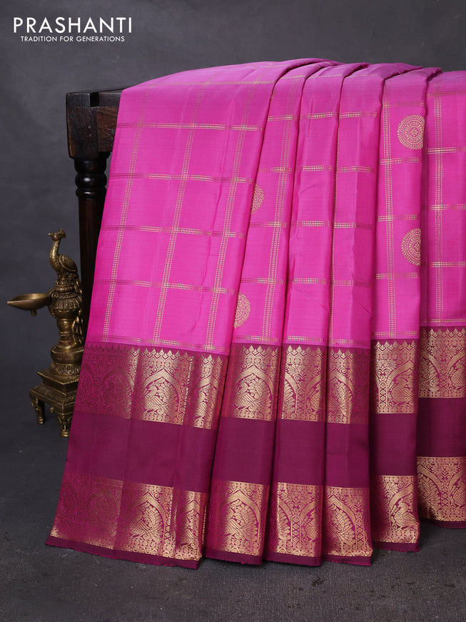 Pure kanchipuram silk saree pink and magenta pink with allover zari checks & zari buttas and long rettapet zari woven border