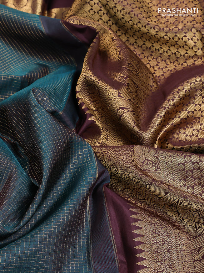 Pure kanchipuram silk saree peacock green and coffee brown with allover small zari checked pattern and long rettapet zari woven border
