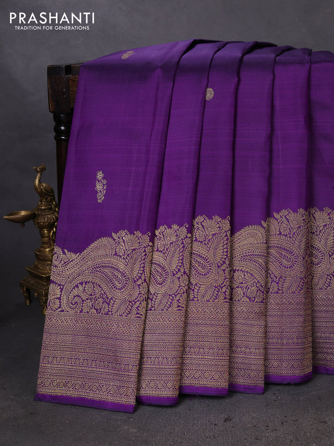Pure kanchipuram silk saree violet and teal blue with zari woven buttas and long zari woven border