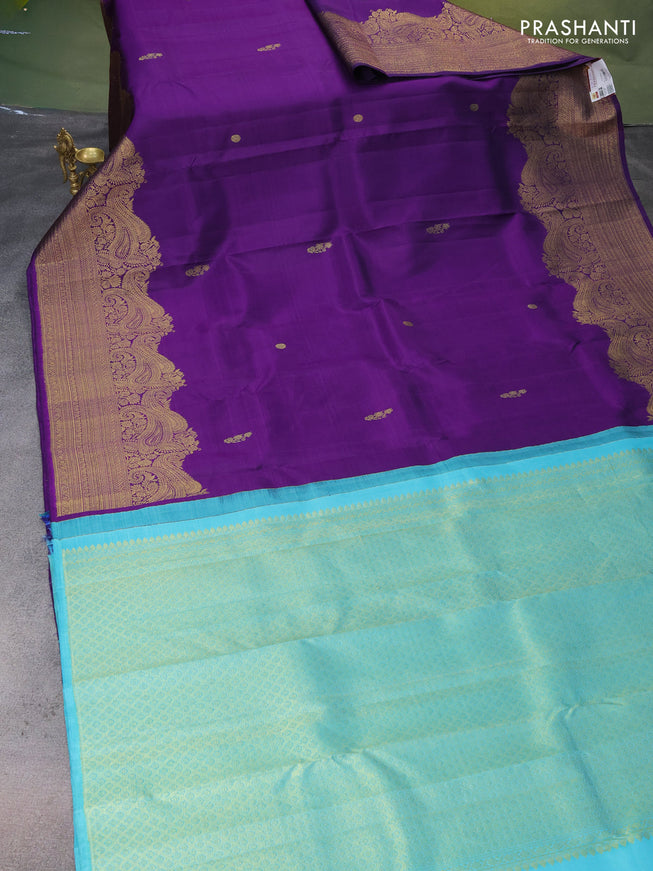 Pure kanchipuram silk saree violet and teal blue with zari woven buttas and long zari woven border
