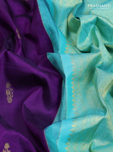 Pure kanchipuram silk saree violet and teal blue with zari woven buttas and long zari woven border