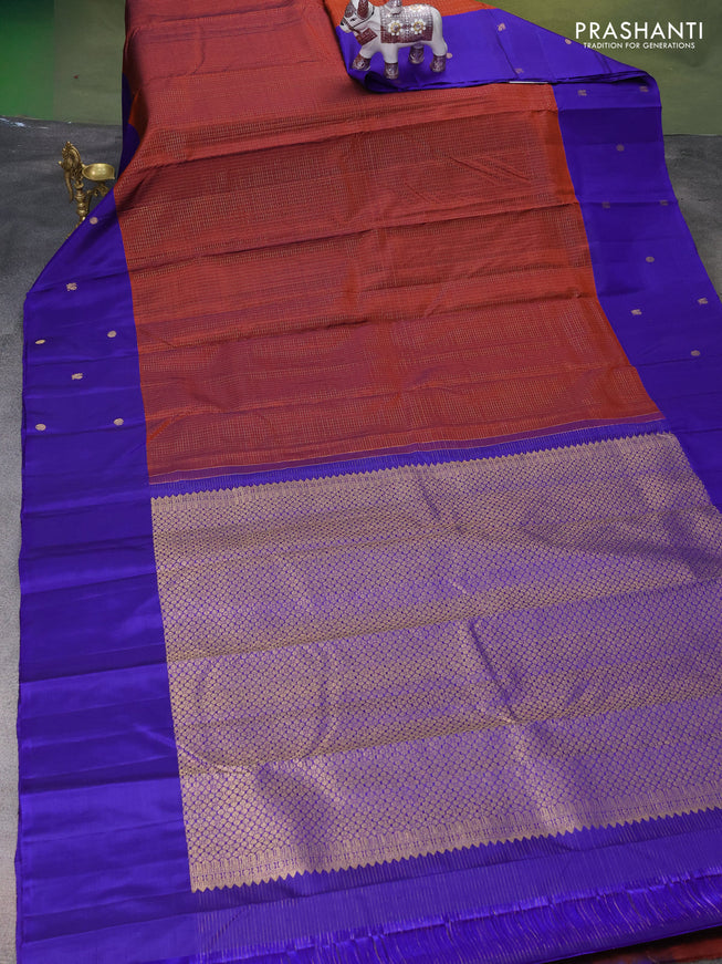 Pure kanchipuram silk saree maroon and blue with allover small zari checked pattern and long zari woven butta border