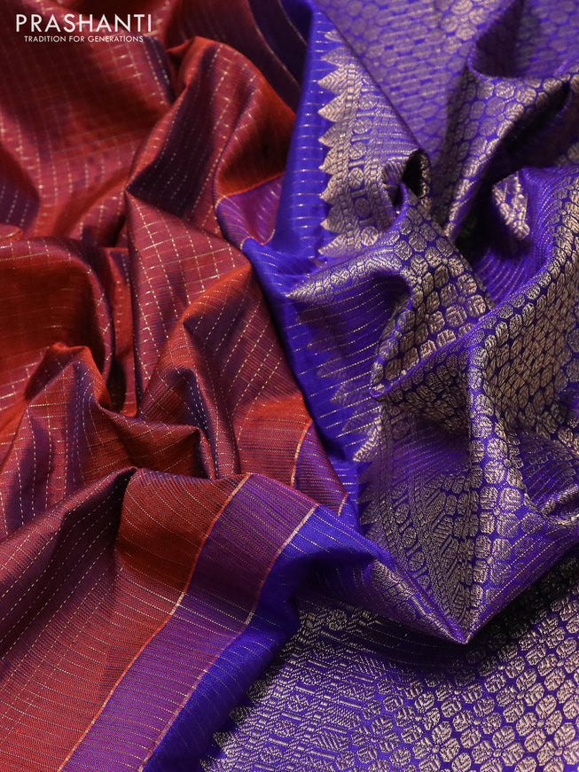 Pure kanchipuram silk saree maroon and blue with allover small zari checked pattern and long zari woven butta border