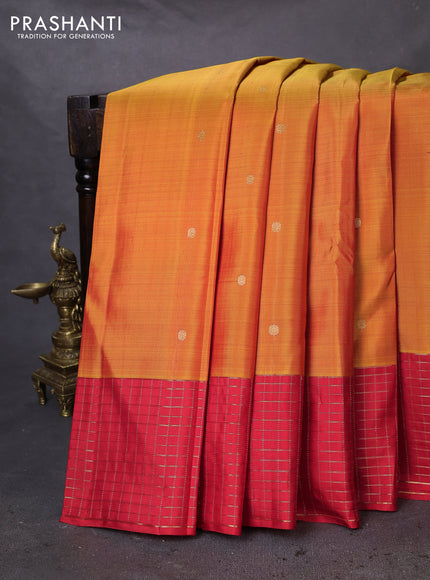 Pure kanchipuram silk saree mango yellow and red with zari woven buttas and zari woven checked pattern